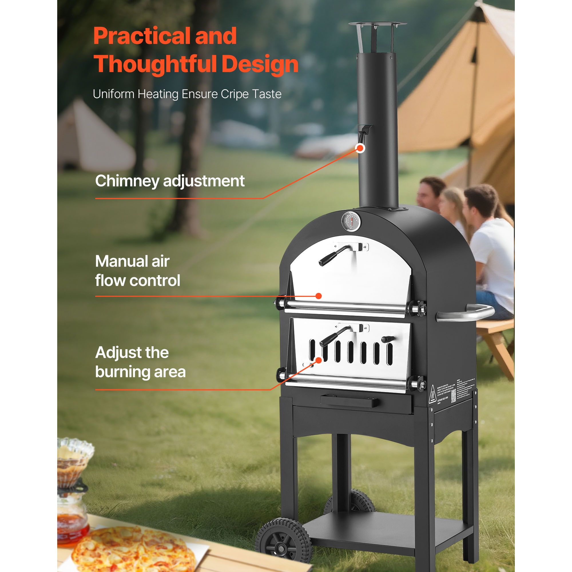 Outdoor Pizza Oven, 12" Pellet Fire Ovens, 2-Layer Pizza Oven Wood Fired, Wood Burning Outdoor Pizza-Oven with 2 Removable Wheels, 1000℉ Max Temperature Fired — image 4