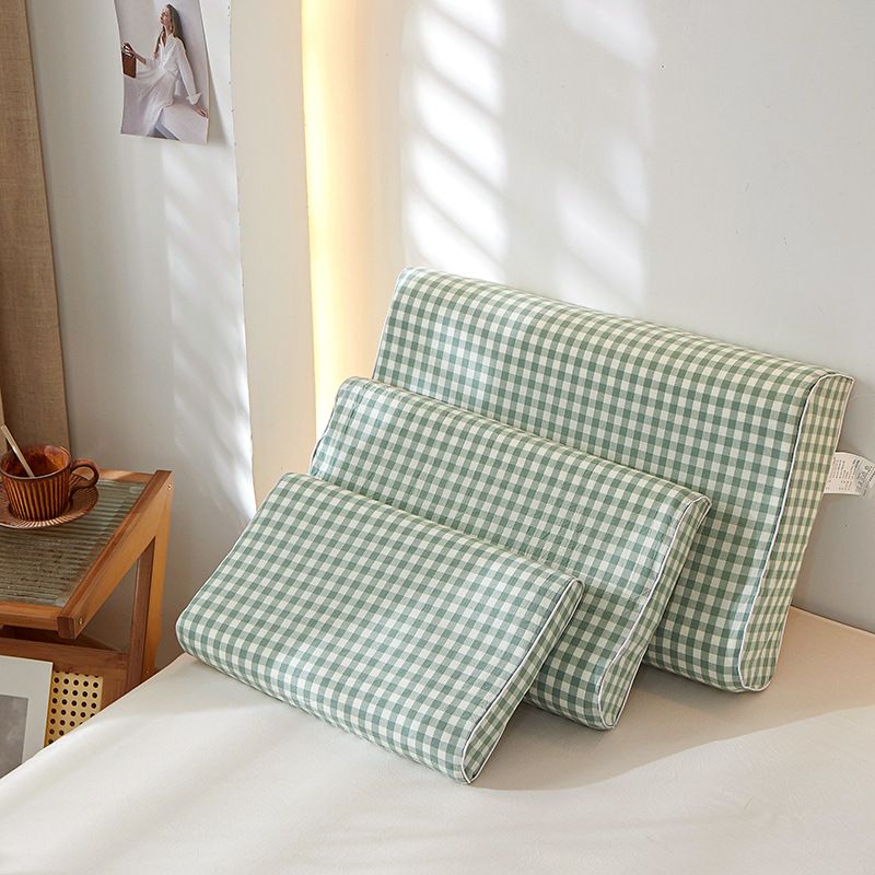 Mengxuan Cotton Pillowcase 4060 Small grid - new green Latex cotton pillowcase-44 × 27 (single pack)