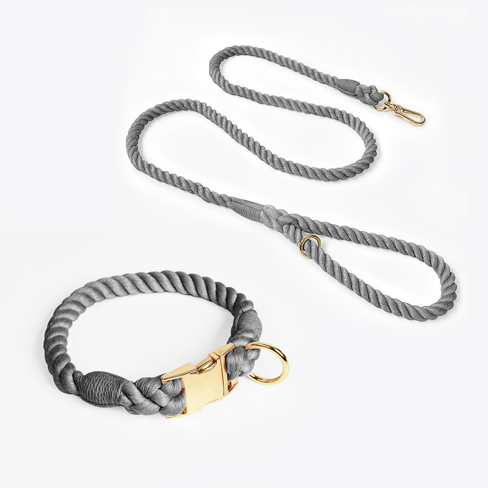 Handmade Rope Dog Collar and Leash Set - Colorful Woven Cotton (Dark Gray - Size S)