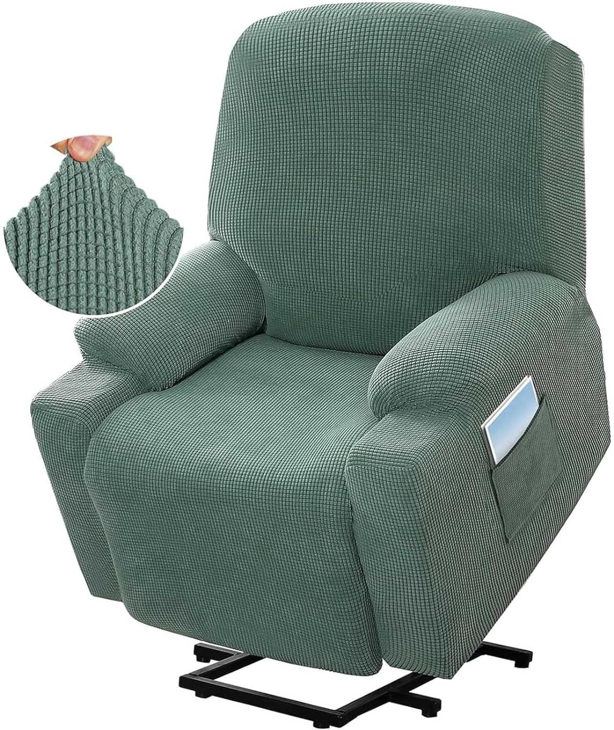 Power Lift Recliner Chair Cover, Stretch Jacquard Slipcover with Side Pocket, Sage Green