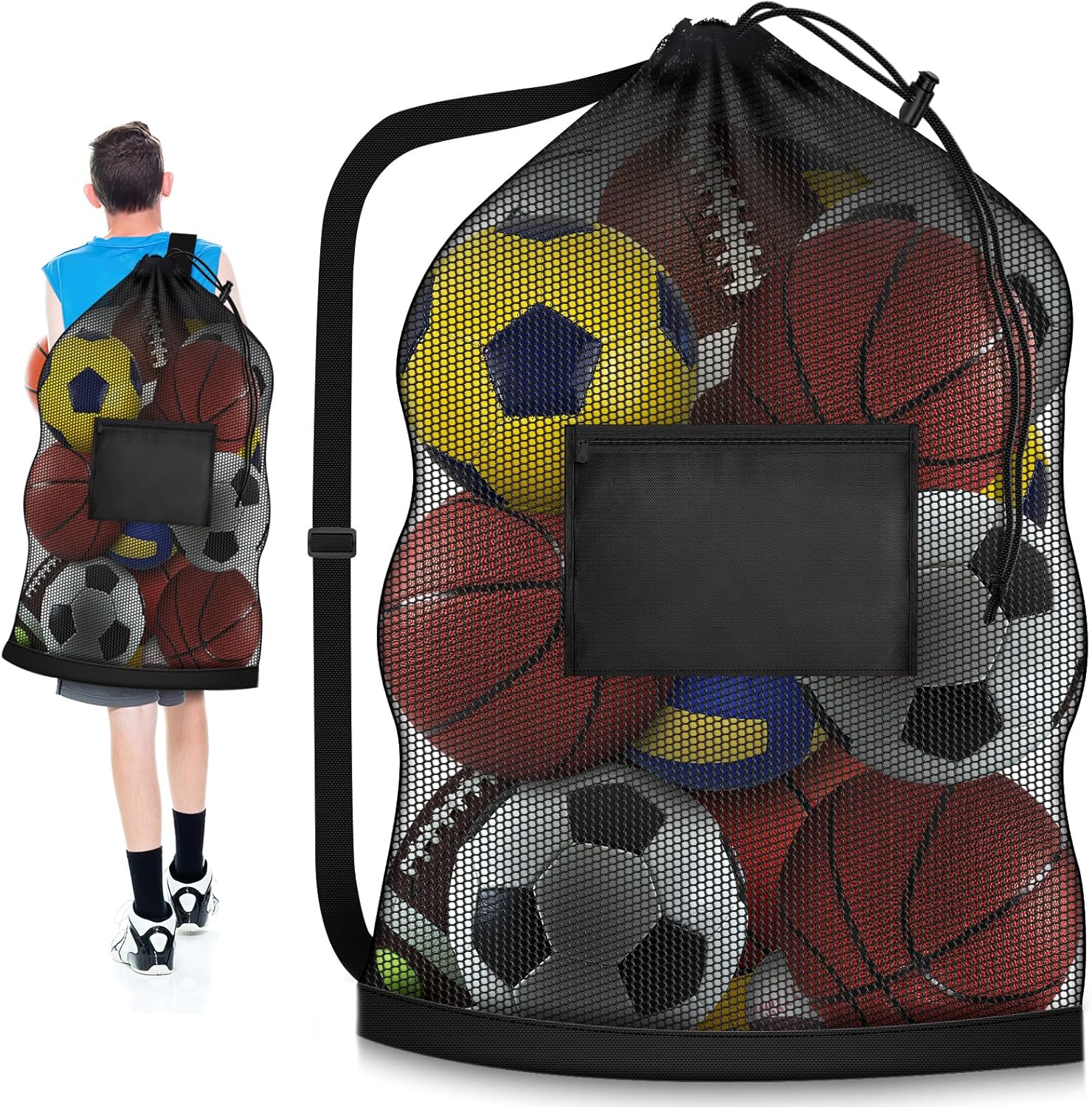 Football bag - Extra large - 40" x 30" - Drawstring - Mesh - Ball bag - With pockets - Mesh sports bag - Basketball, volleyball, fitness equipment, swimwear