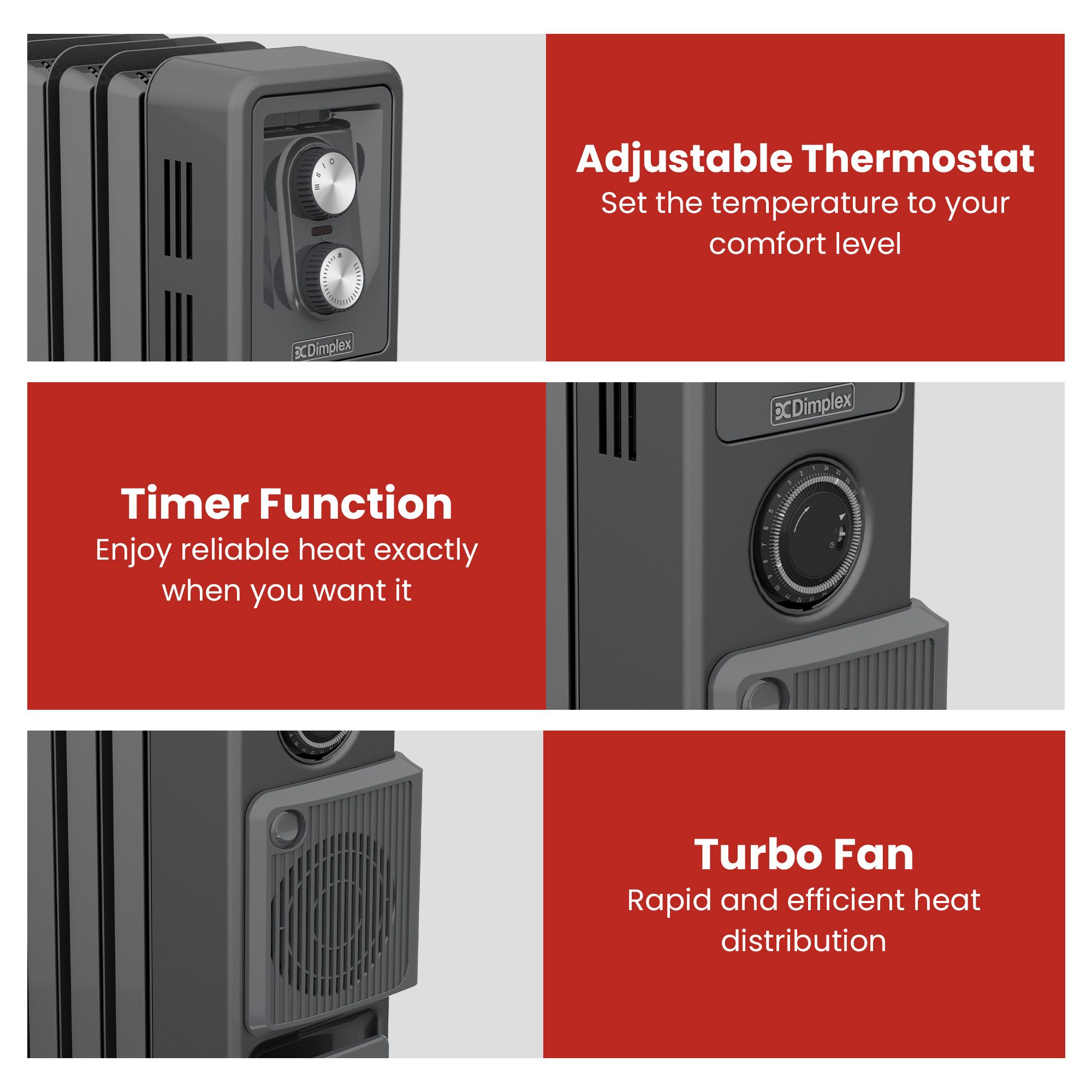 Dimplex 1.5kW Oil Free Column Heater - Portable Electric Radiator w/ Turbo Fan, Thermostat & Timer - Black — image 6