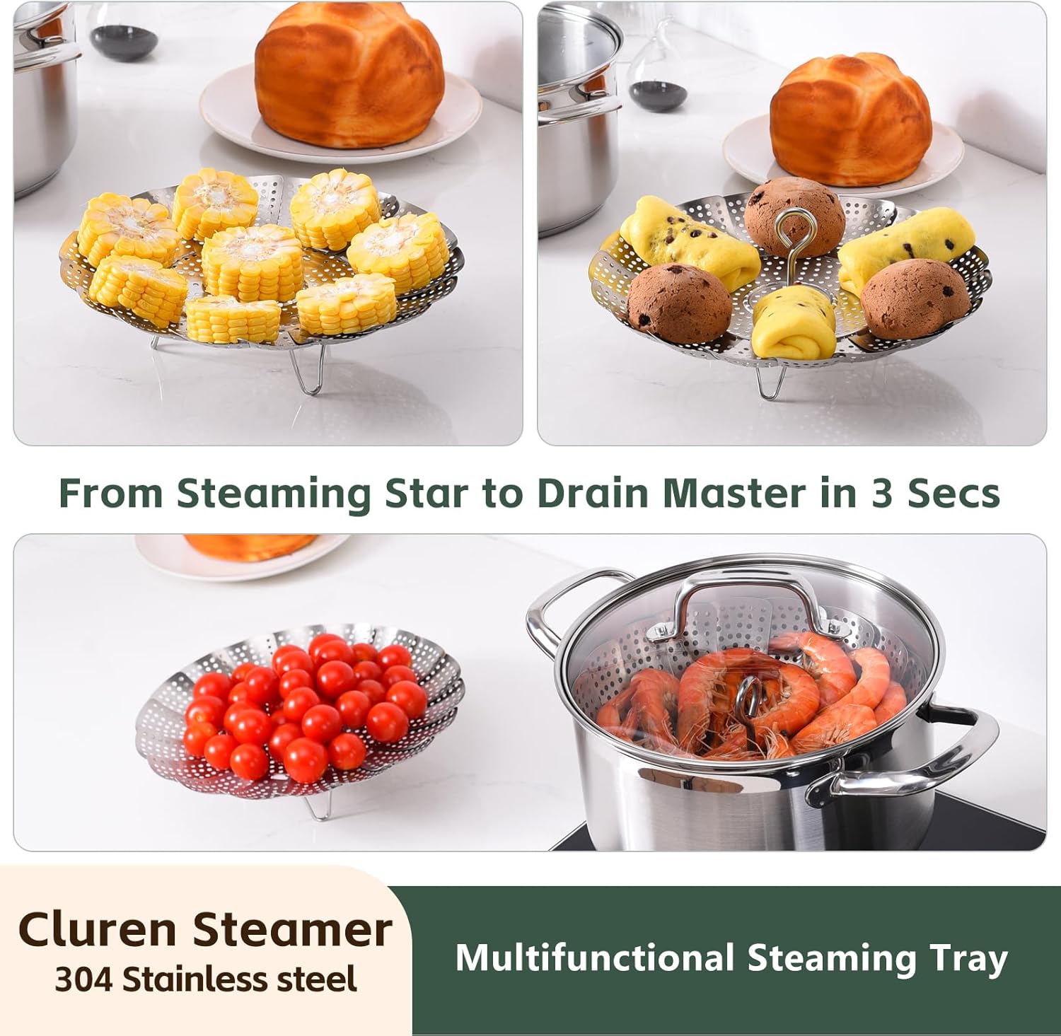 Steamer Basket for Cooking 304 Stainless Steel Entirely Thickened,Collapsible Steamer Insert for Pots, Fits Instant Pot/Skillets (5.5'' To 9.5'') — image 2