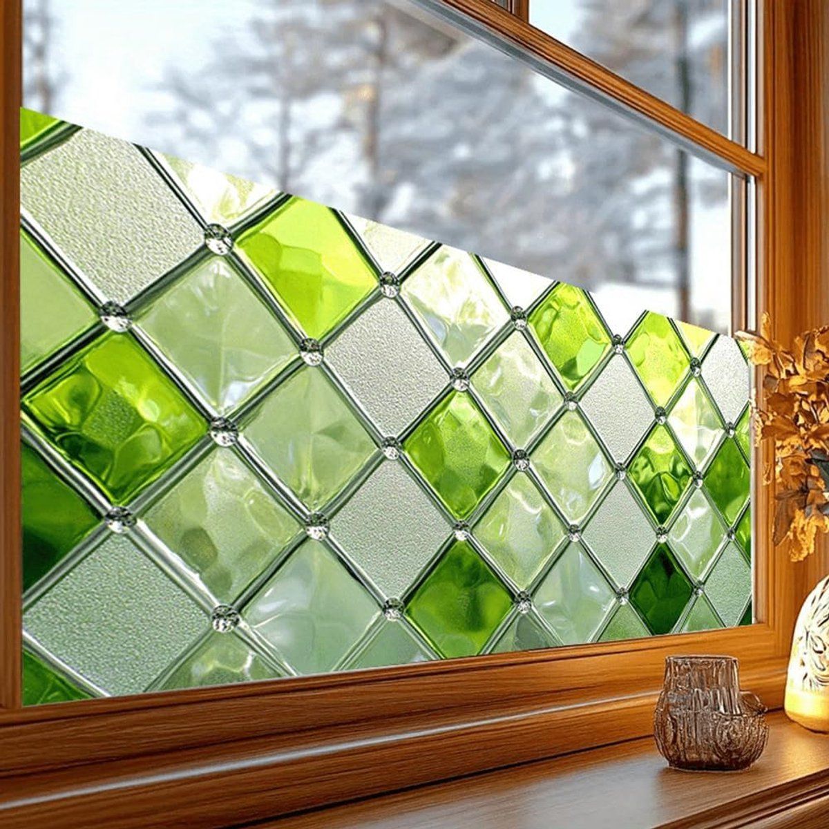 Green Stained Glass Privacy Window Film, Static-Cling Decorative Sticker, 100 × 45 cm — image 3