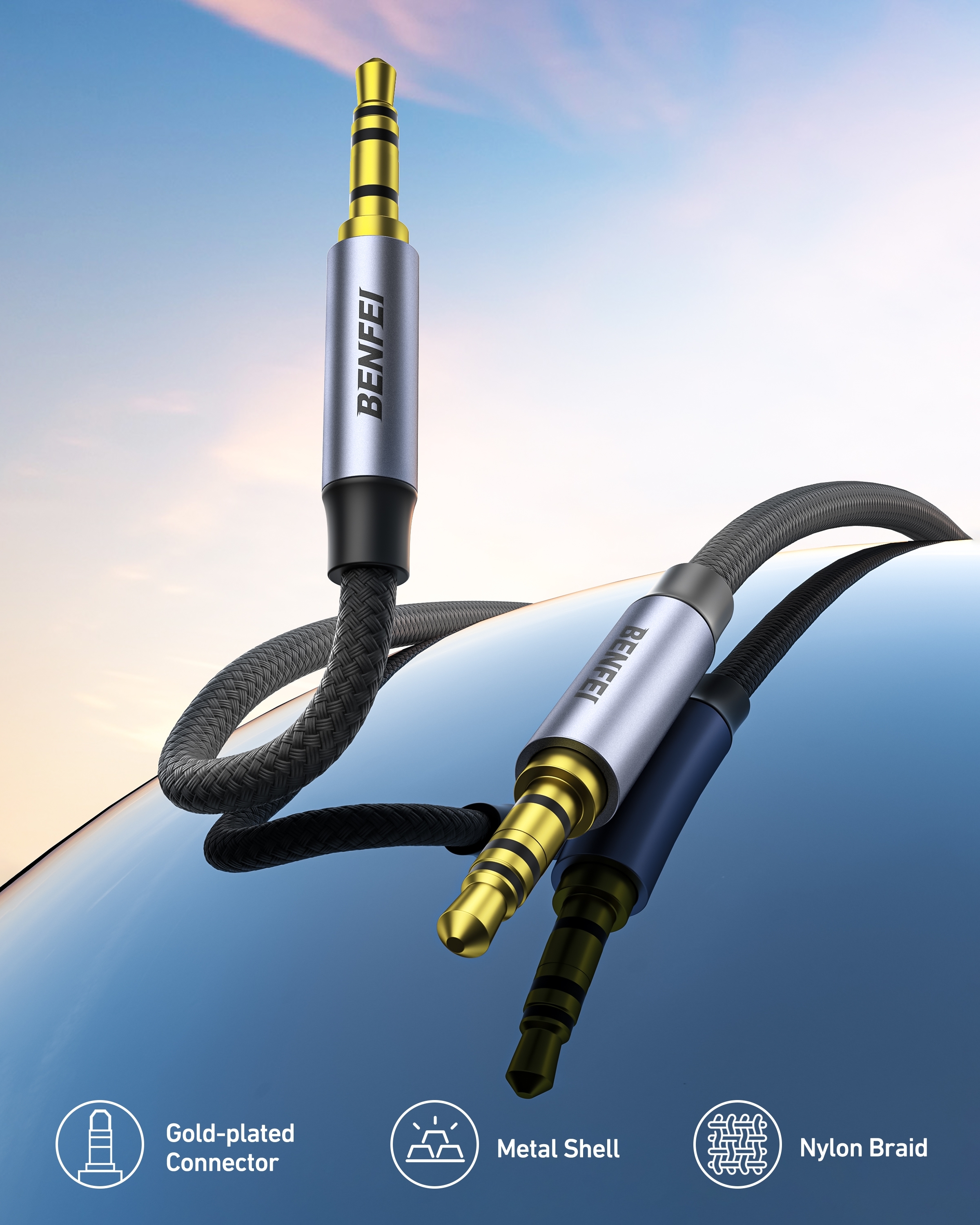 BENFEI 427GY 10M 3.5mm TRRS Male to Male Audio Cable, 4-Pole Stereo Mic Aux Cable, Nylon Braided Headphone Jack Cord — image 2