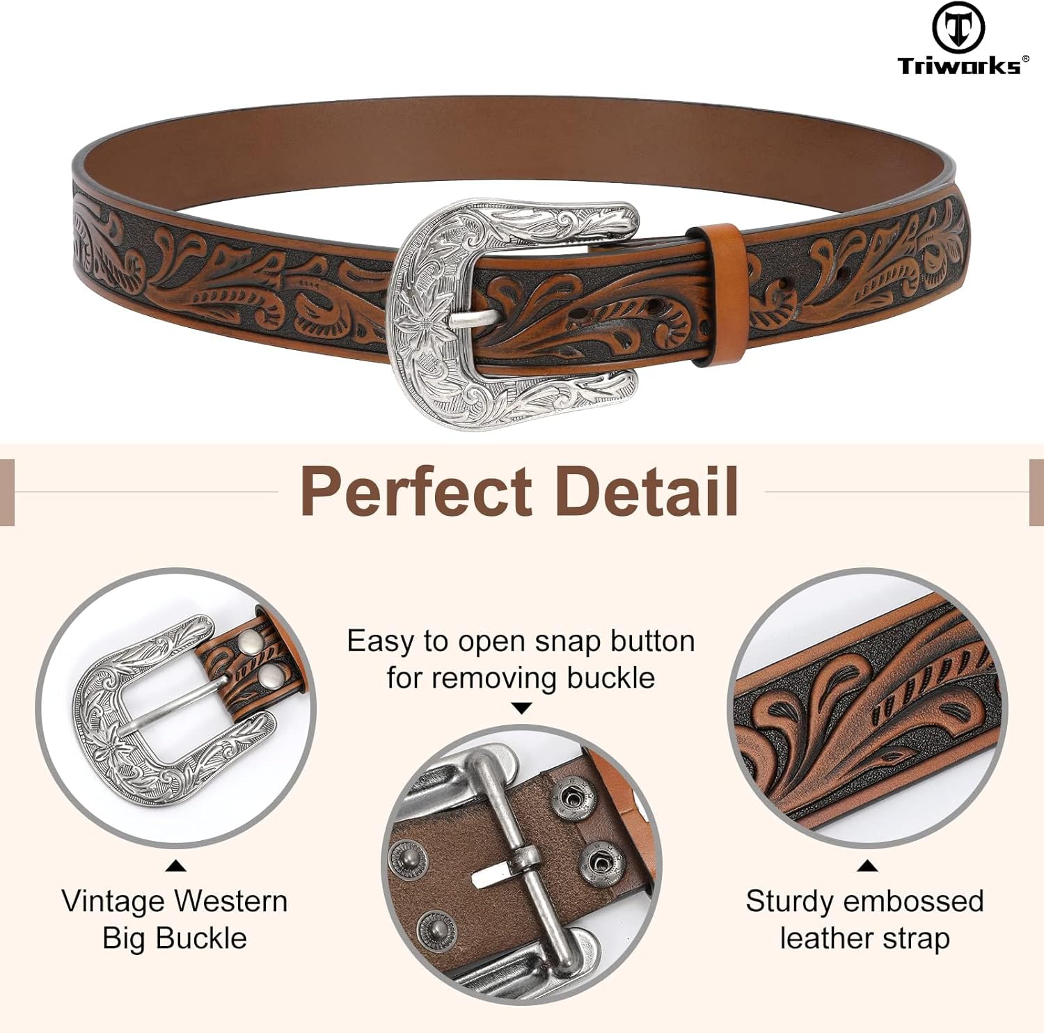 Western Belt for Women Men Cowgirl Cowboy Floral Engraved Tooled Leather Belt with Buckle for Jeans Pants Rodeo โ image 2
