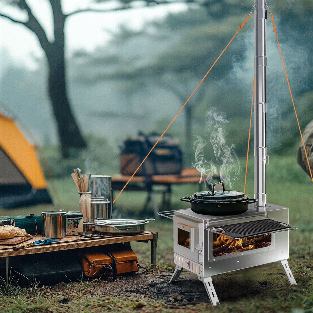 Stainless Steel Wood Burning Stove 1 Burner Camping BBQ with Chimney — image 6