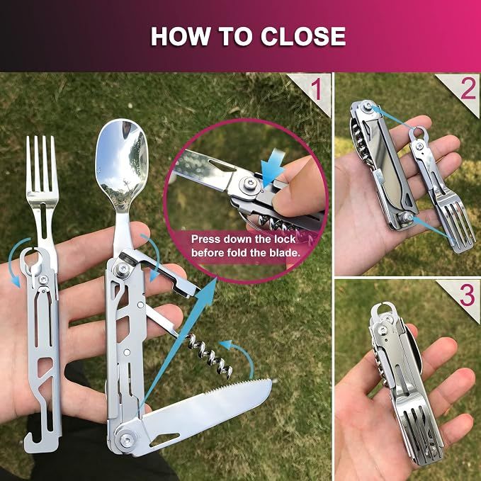6 in 1 Detachable Camping Utensils Flatware Set, Multifunction Travel Pocket Cutlery Folding Spoon, Fork, Knife, Wine Bottle Can Opener Portable Combo Set โ image 5