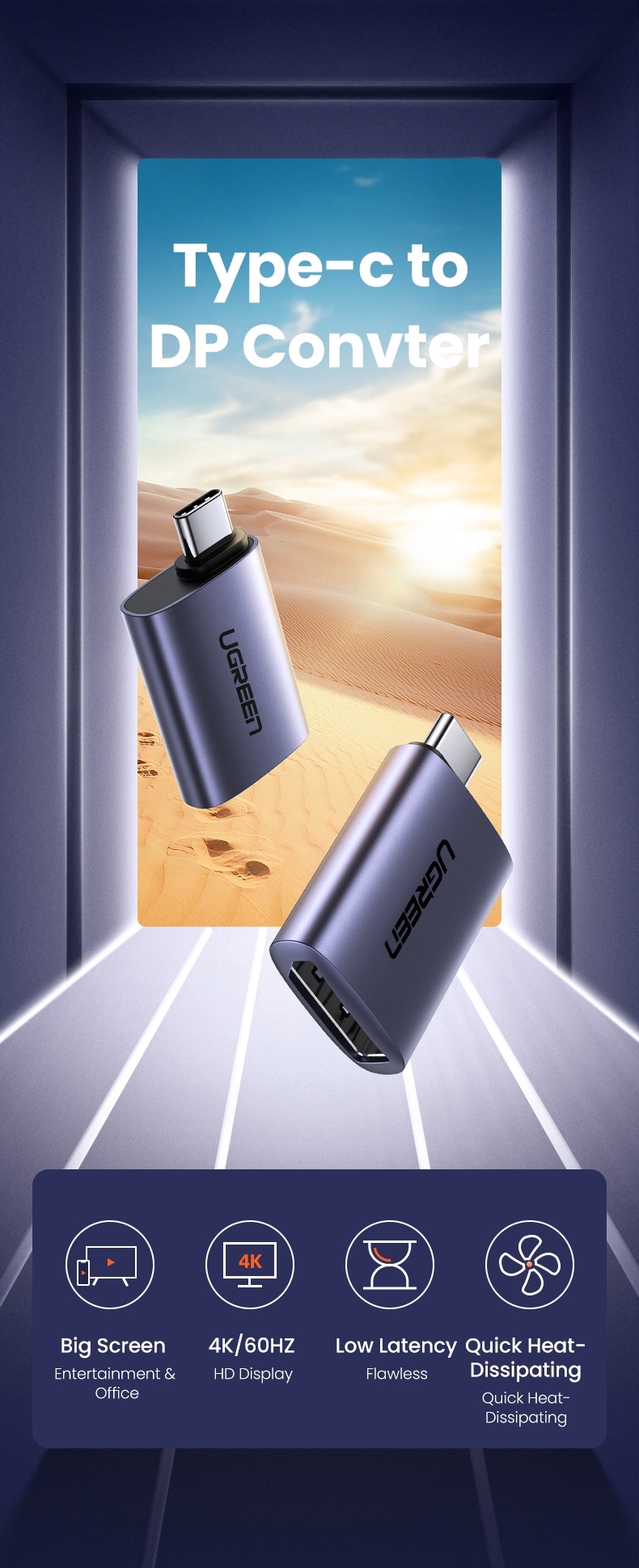 UGREEN 70451 USB-C Male to DP Female Adapter Aluminium Case 4K/2K 60Hz (Dark Gray) โ image 2