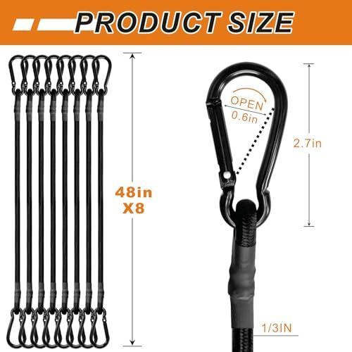 8 Pcs 48in Bungee Cords with Carabiner Hooks Heavy Duty, Outdoor Black Bungee Straps, Strong Industrial Grade Elastic Bungee Rope for Securing Tarps, Luggage โ image 4