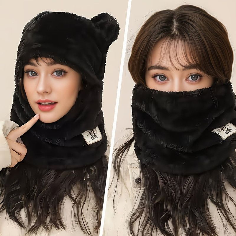 Cute Bear Ear Plush Integrated Balaclava Hat, 4-in-1 Windproof Warm Neck and Face Cover Hat - Khaki — image 5