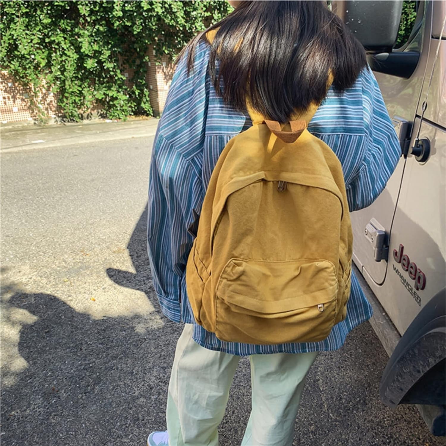 Vintage canvas backpack for women men travel backpack solid color simple backpack laptop backpack rucksack Brown — image 2
