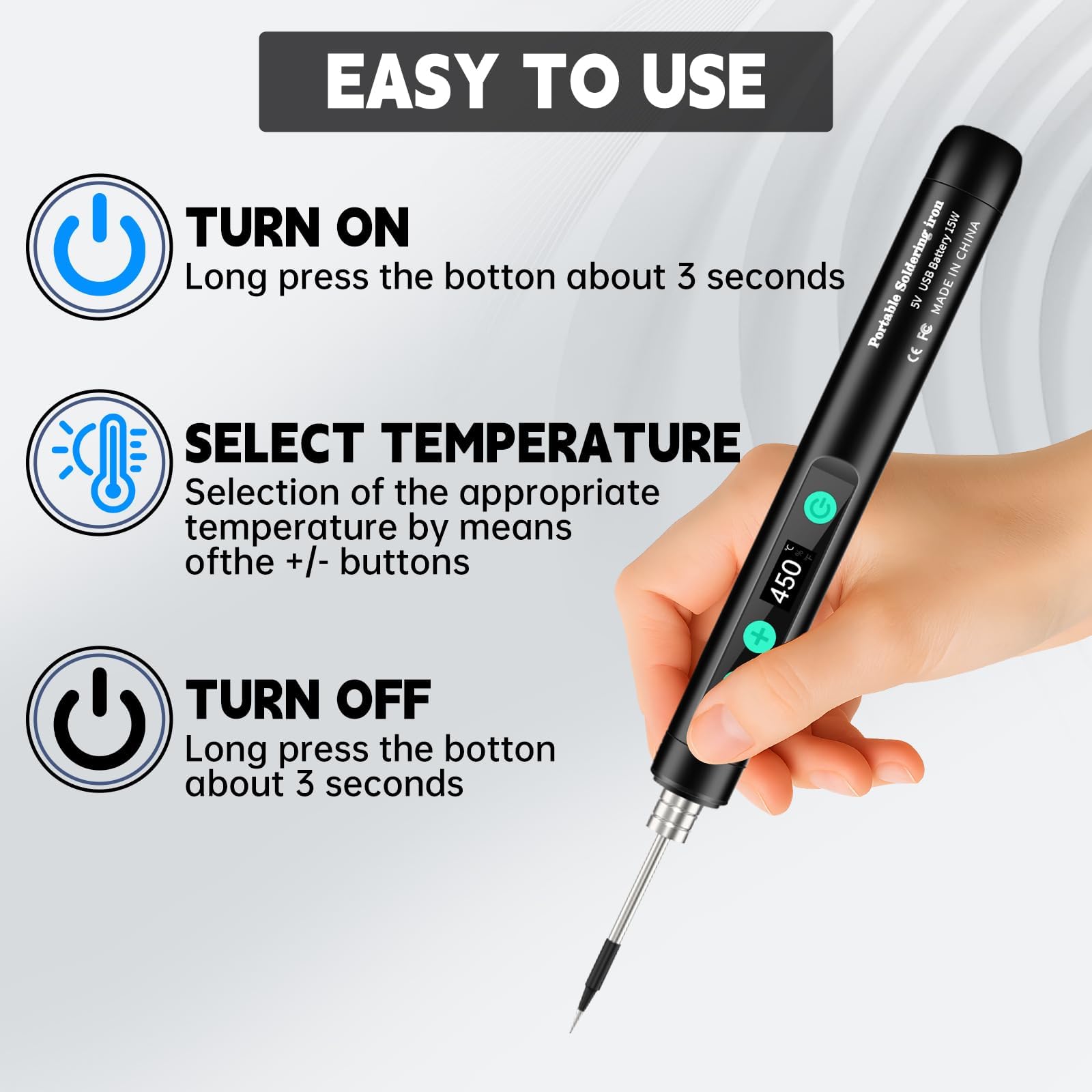 Portable USB-C Soldering Iron Kit – 15W Wireless Electric Soldering Pen with LCD Display, Adjustable Temp 180°C–450°C, 1100mAh Battery, Type-C Charging — image 2