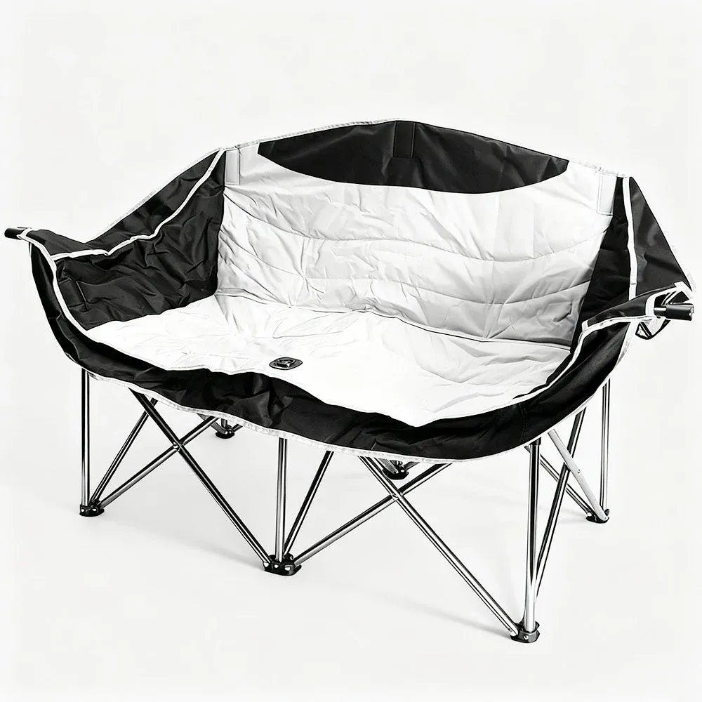 Double Camping Chairs Outdoor Lawn Camping Couch Heavy Duty Folding Chairs Strong Loading Capacity Metal Frame Oxford Fabric with Armrests and Cup Holders