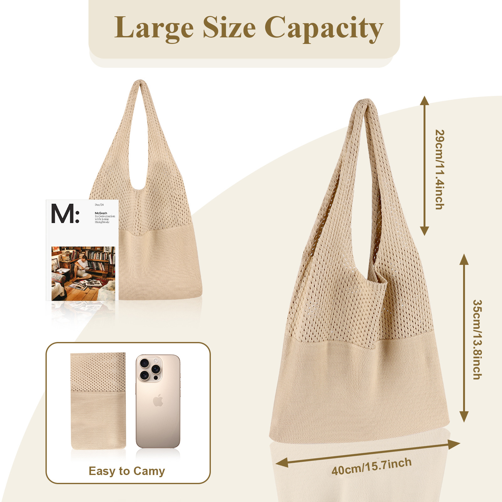 Brown Women's Large Mesh Beach Tote Bag Boho Crochet Shoulder Shopper Reusable Eco Grocery Net Bag for Summer Travel and Markets — image 2