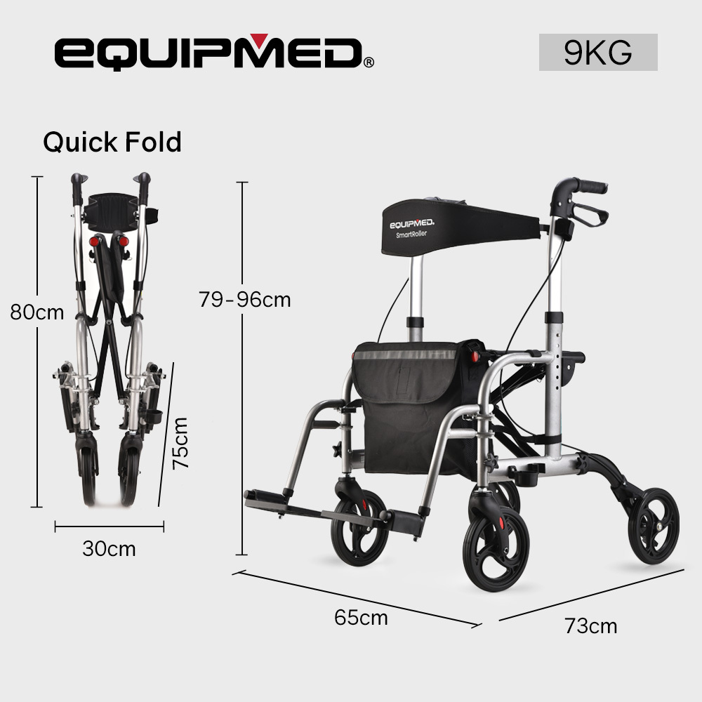 EQUIPMED 2-in-1 Folding Rollator Wheelchair Adjustable Mobility Walker w/ Park Brakes & Bag, Silver โ image 6