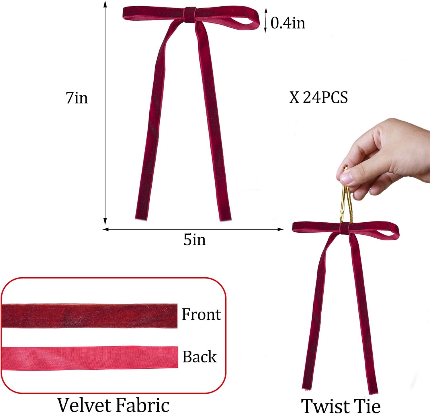 24 Pcs Burgundy Velvet Ribbon Bows Christmas Tree Ornaments Vintage Wine Red Velvet Bows for Tree Garland Wreath Indoor Xmas Decorations (1'' Wide, 5 โ image 3