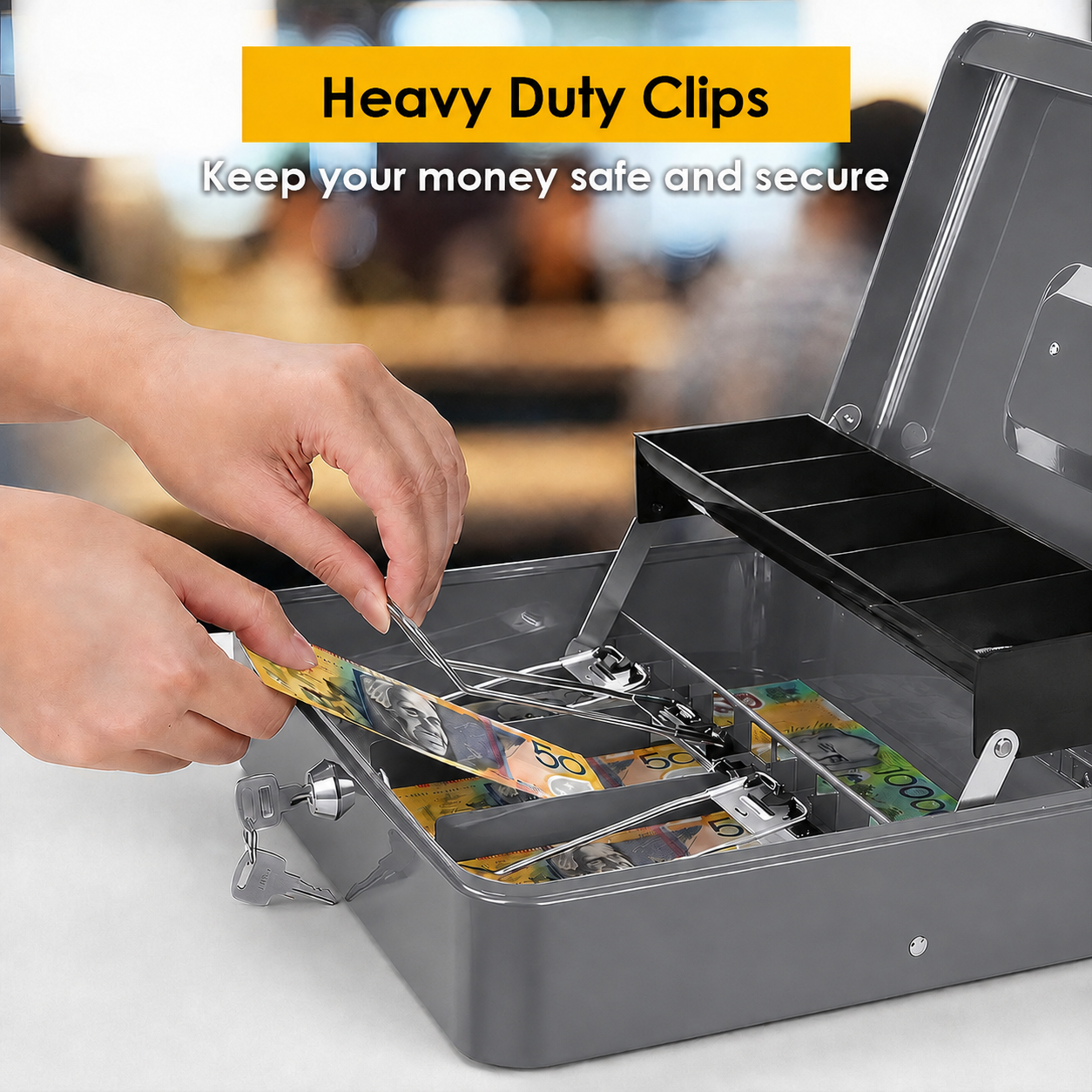 Lockable Metal Cash Box with 2 Keys, 4 Bill & 5 Coin Tray, Security Money Box with Anti-Loss Rope โ image 6