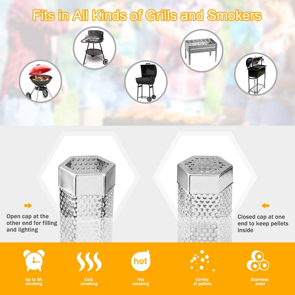 Pellet Smoker Tube, 2 Pack 12'' Stainless Steel BBQ Wood Pellet Tube Smoker, for Cold/Hot Smoking — image 4
