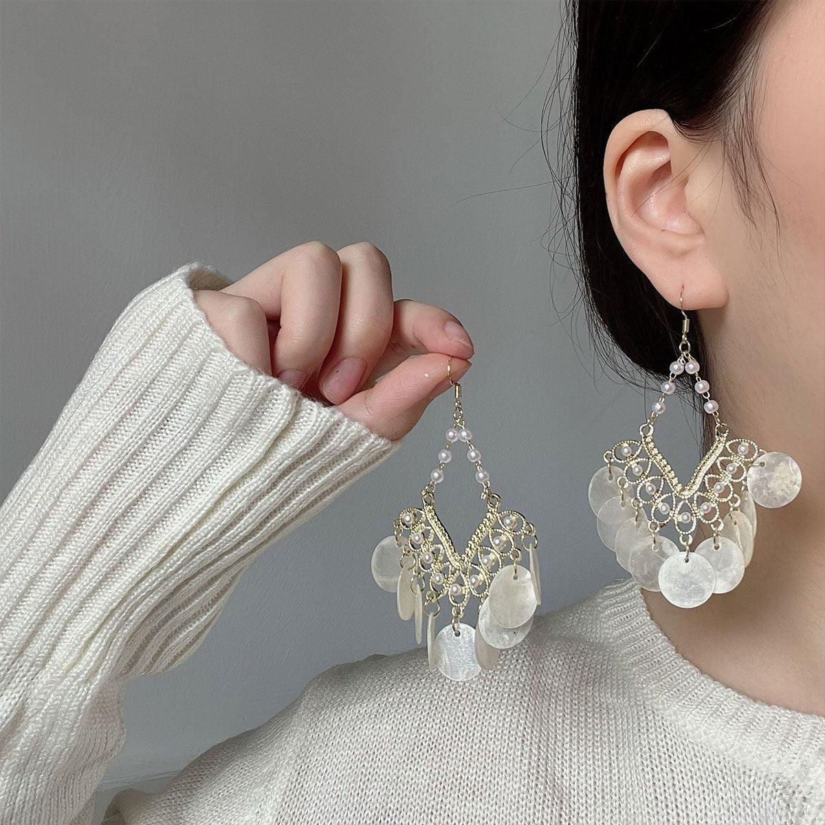 Shell Tassel Earrings Court Style Geometric Scalloped Design Fashion Jewelry โ image 5