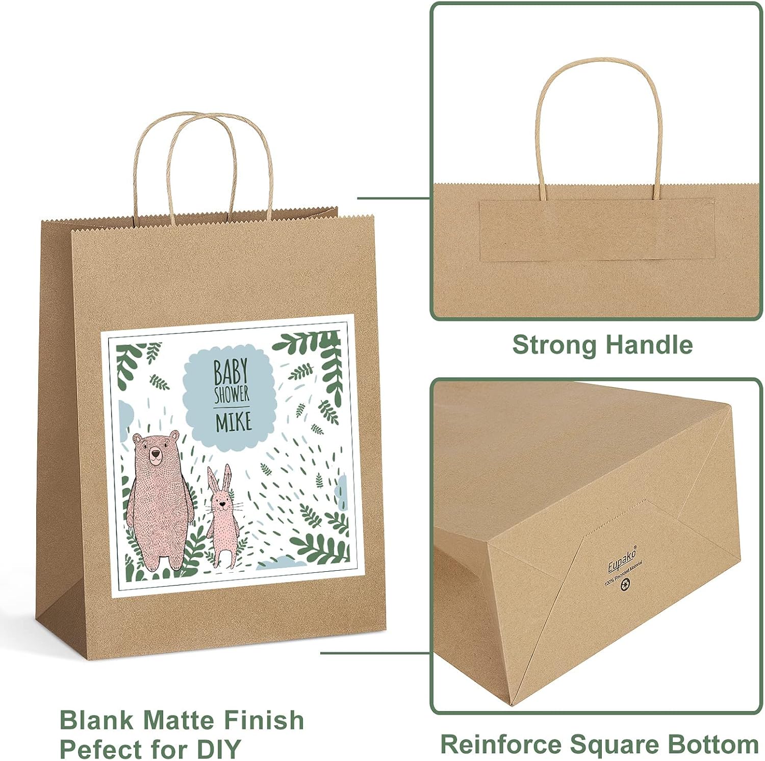 Eupako Kraft Shopping Bags 10x5x13 - 100 PCS Brown Paper With Handles, Gift Bulk, Party Favor, Merchandise, Retail — image 5