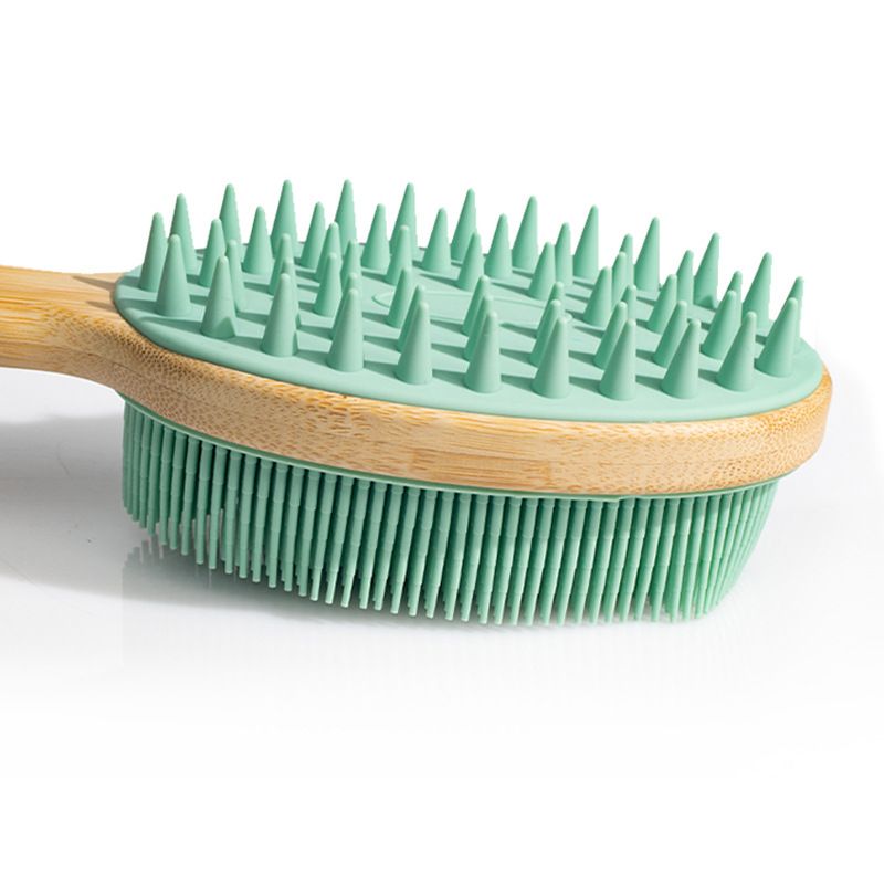 Silicone Body Scrubber with Long Handle, Dual-Sided Exfoliating Back Scrubber, 2 in 1 Bath Shower Brush for Dry and Wet - Green — image 3