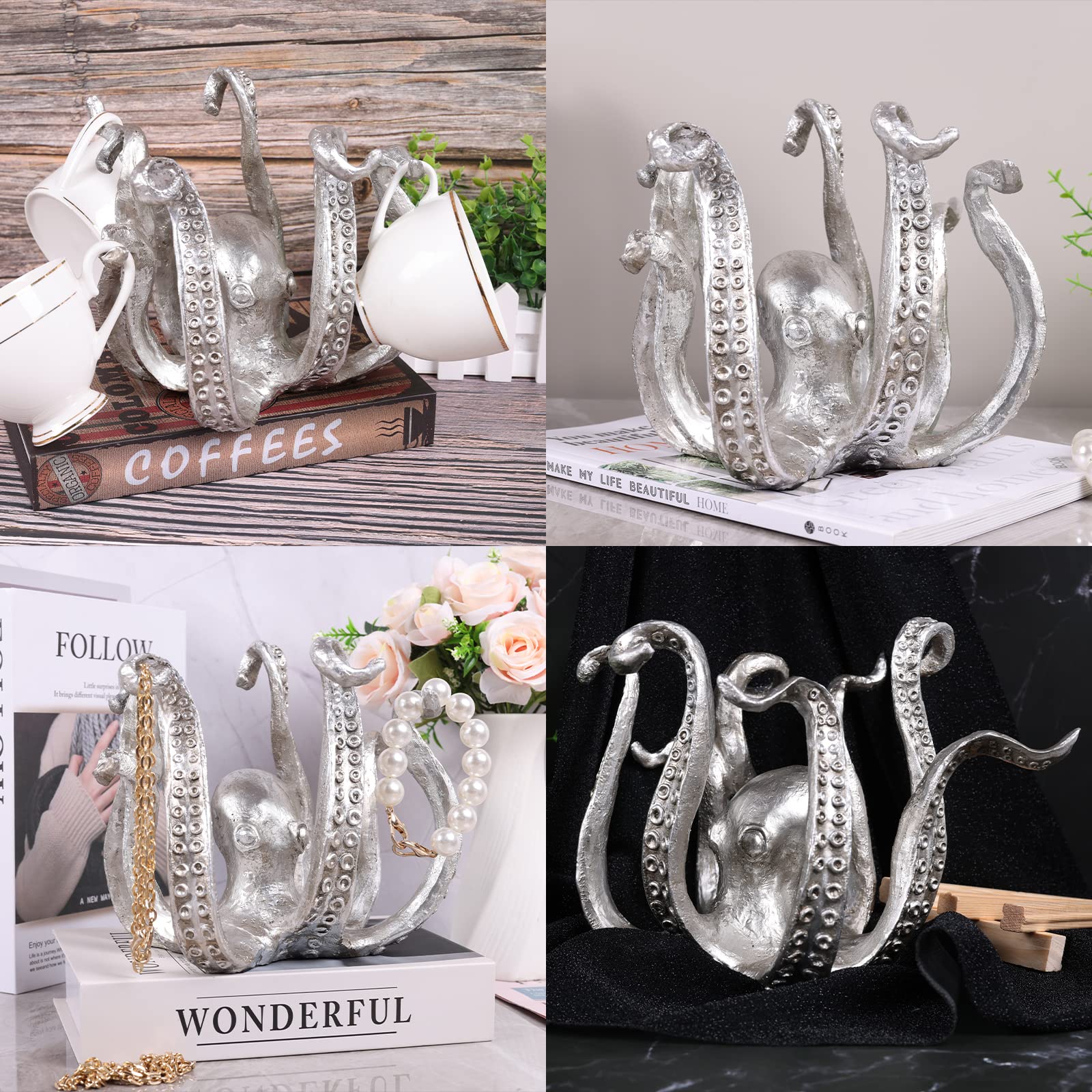 Multi-Functional Octopus Sculpture – Decorative Resin Cup Holder & Jewelry Organizer, Unique Home Accent for Living Room, Office, or Desk (Silver) — image 5