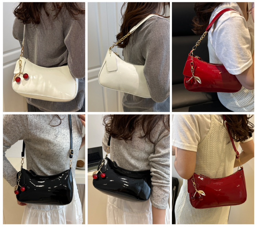 Black Chic Glossy PU Leather Underarm Bag & Crossbody Purse with Cherry Charm - Versatile Handbag for Women — image 4