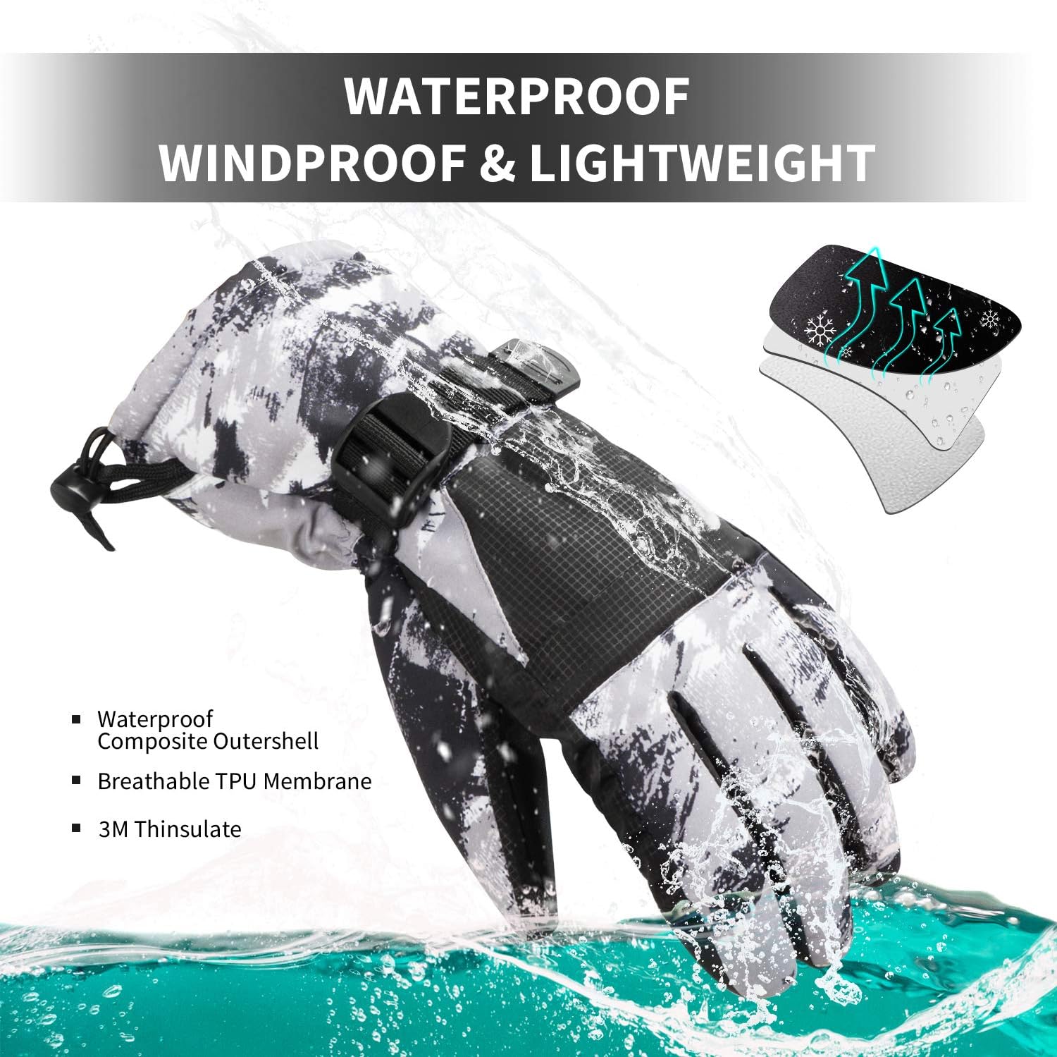 2-Pair Winter Waterproof Touchscreen Ski Gloves - Anti-Slip Thermal Mitts for Men & Women (Black & Orange Graffiti Print) — image 3