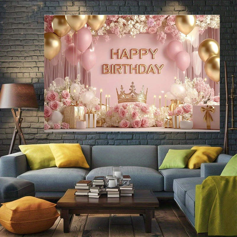 180×115cm Pink Printed with a pattern of flowers, balloons, and a crown Happy Birthday Backdrop – Premium Indoor Party Decoration Polyester Wall Banner — image 2