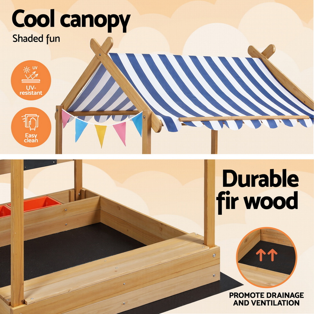 Keezi Kids Sandpit Wooden Sandbox Sand Pit with Canopy Water Basin Toys 146cm — image 4
