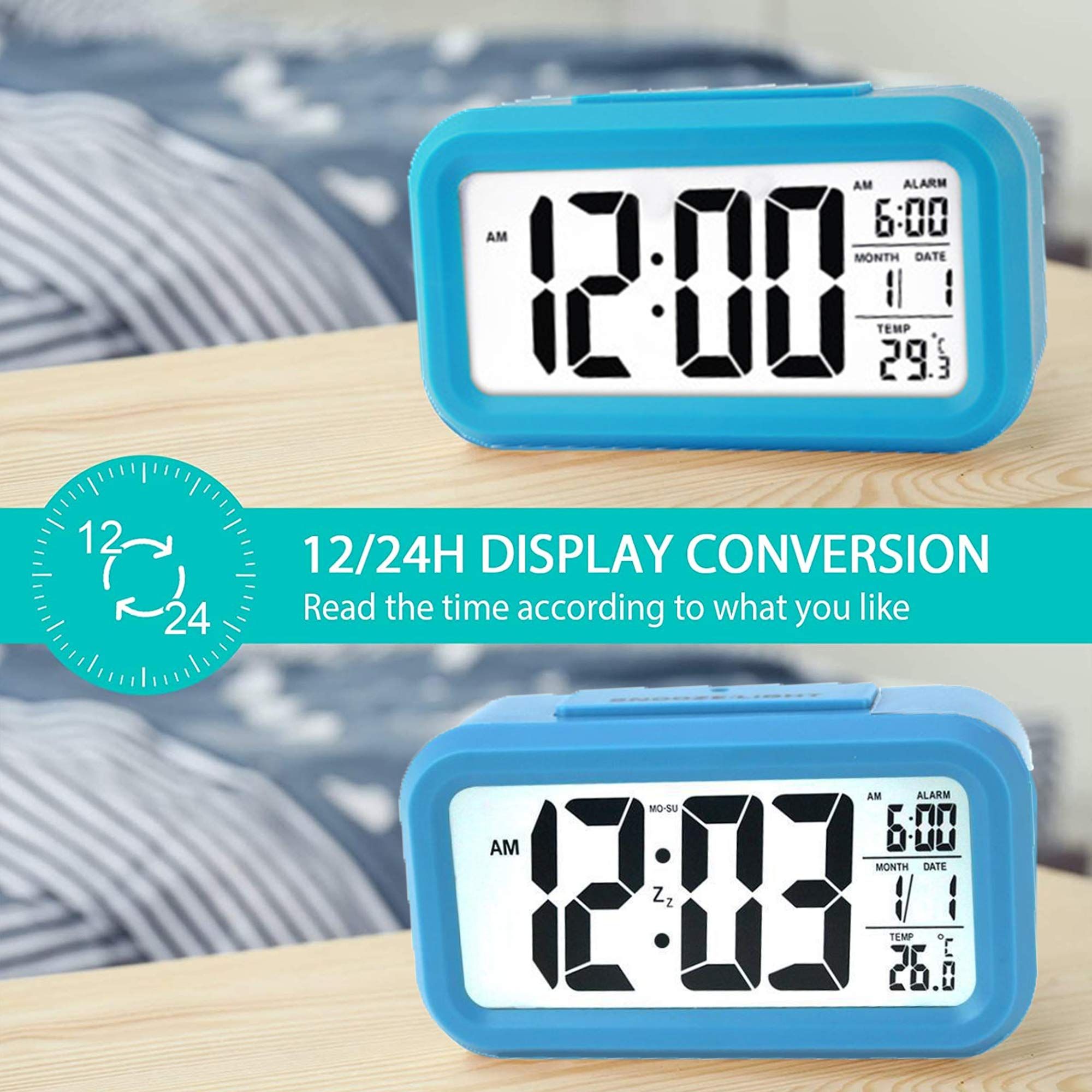 Smart Digital Alarm Clock with Temperature and Date Display,Battery Operated Desk Small Clock for Bedroom Home Office — image 5