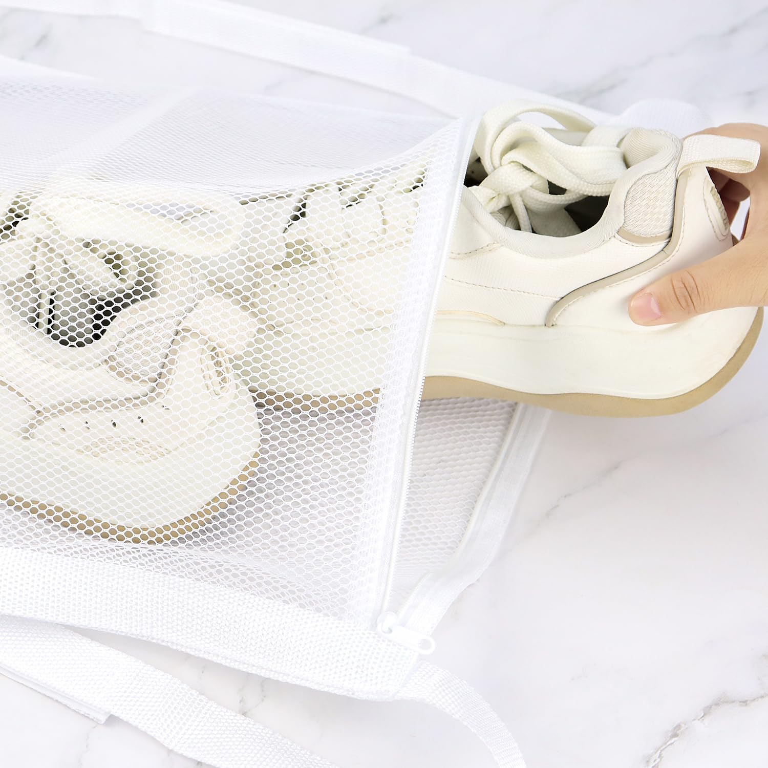 2 Pack Sneaker Dryer Bag 15.7x15.7 Inch Dry Net Bag for Dryer with Zipper and Strap for Shoes, White Large HoneyComber Mesh Bags for Washing Machine โ image 6