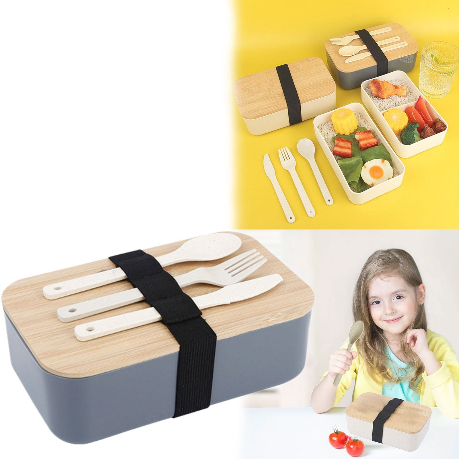2-Layer Bento Lunch Box with Spoon and Fork, Divided Food Storage Container for Work, School, Travel and Everyday Meals, Grey — image 2