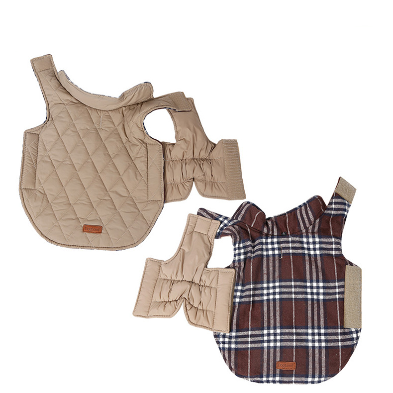 Reversible Winter Dog Coat with Plaid and Quilted Sides, Warm Cotton-Filled Vest for Outdoor Walks, Adjustable Velcro Straps for a Secure Fit (L, Brown)