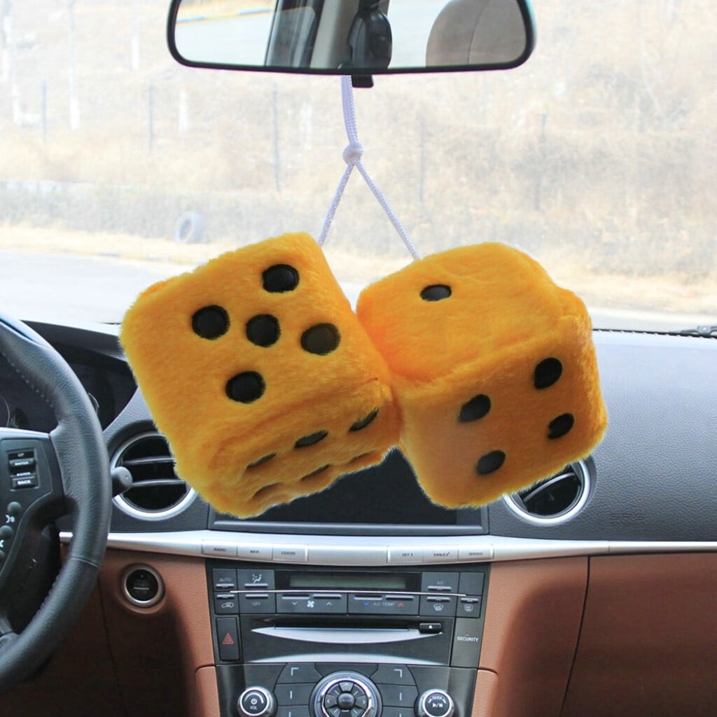 1 Pair of Retro Square Mirror Hanging Couple Fuzzy Plush Dice with Dots For Car Interior Ornament Decoration One Size White โ image 3