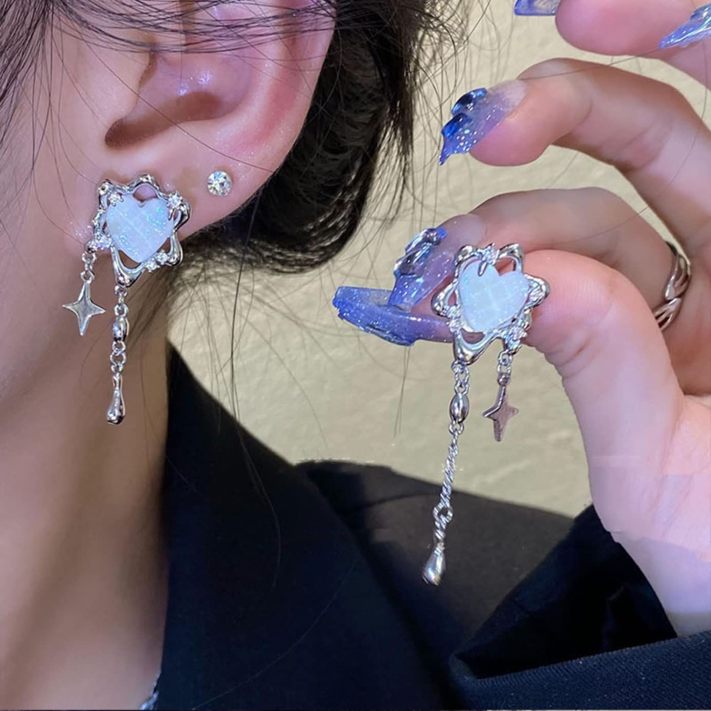 Aesthetic silver glitter flower tassel star shaped women's Gothic heart pendant earrings tassel earrings — image 5