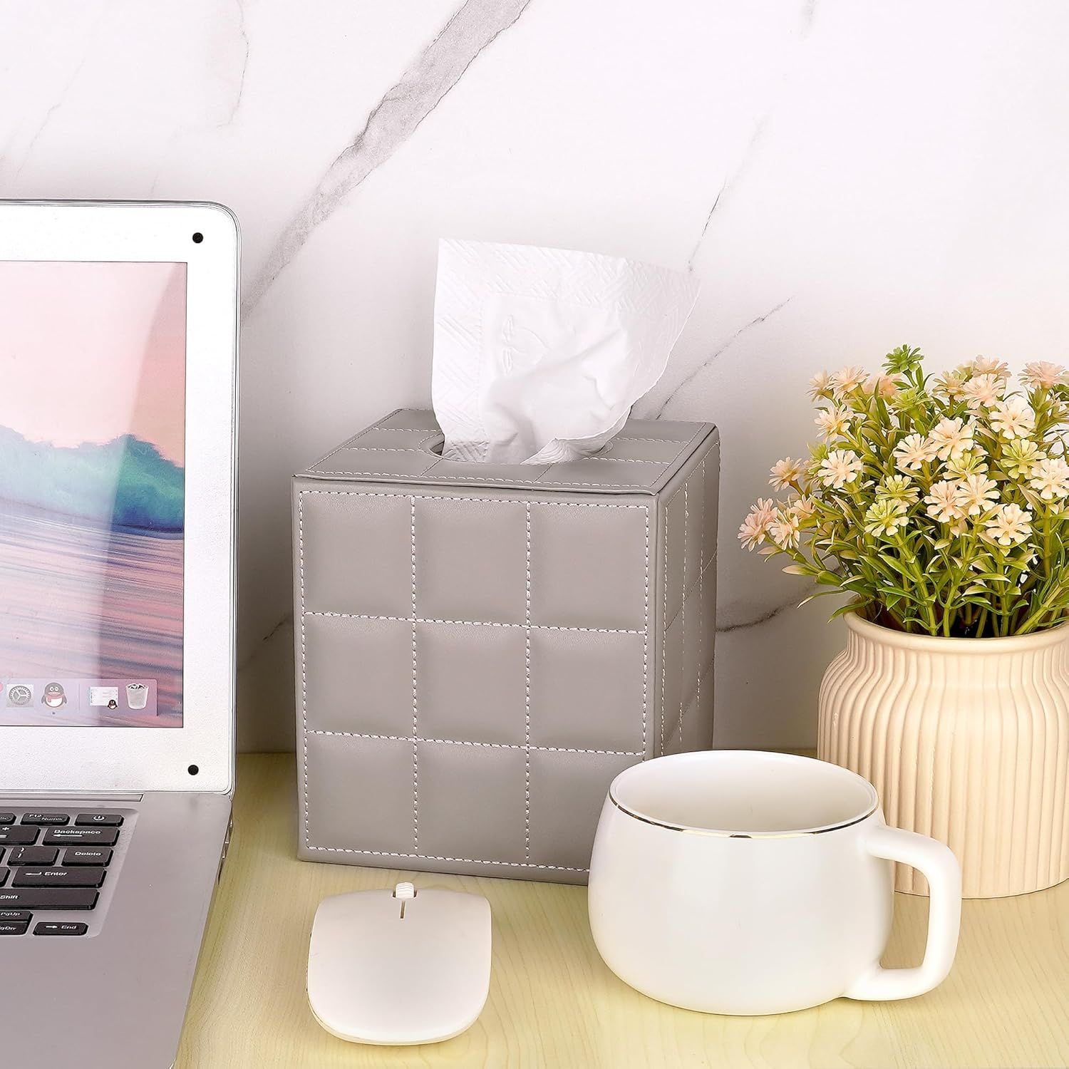 Tissue Box Cover Square Tissue Box Stylish PU Tissue Box Holder with Magnetic Bottom, Cube Leather Tissue Cover for Living Room Bathroom Table Desk Home Office — image 2