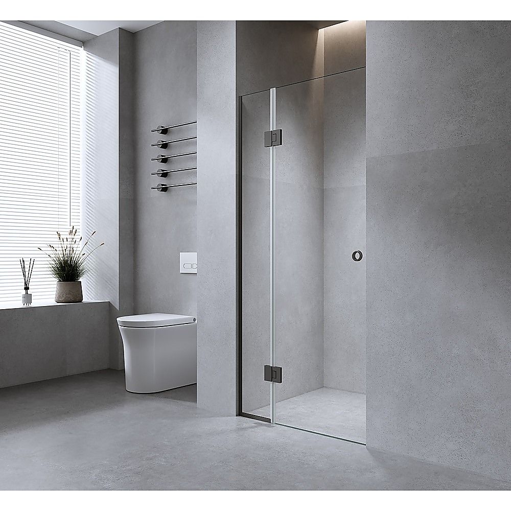 90cm Frameless Wall-to-Wall Shower Screen – Black Wall Channel and Floor Channel with Brass Hinges — image 2