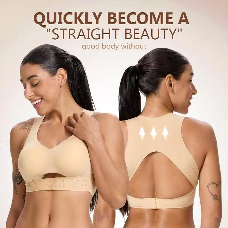 L Size Skin Tone Wireless Posture Support Sports Full Coverage Bra for Women โ High Elastic Seamless Fitness Underwear with Adjustable Front Closure, Wide