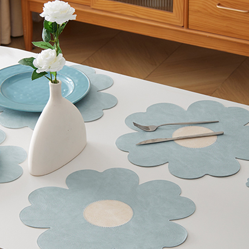 Blue Background With White Heart + Blue Background Set of 6 Reversible Flower Shaped Placemats - Waterproof PU Leather Dining Table Mats โ image 4