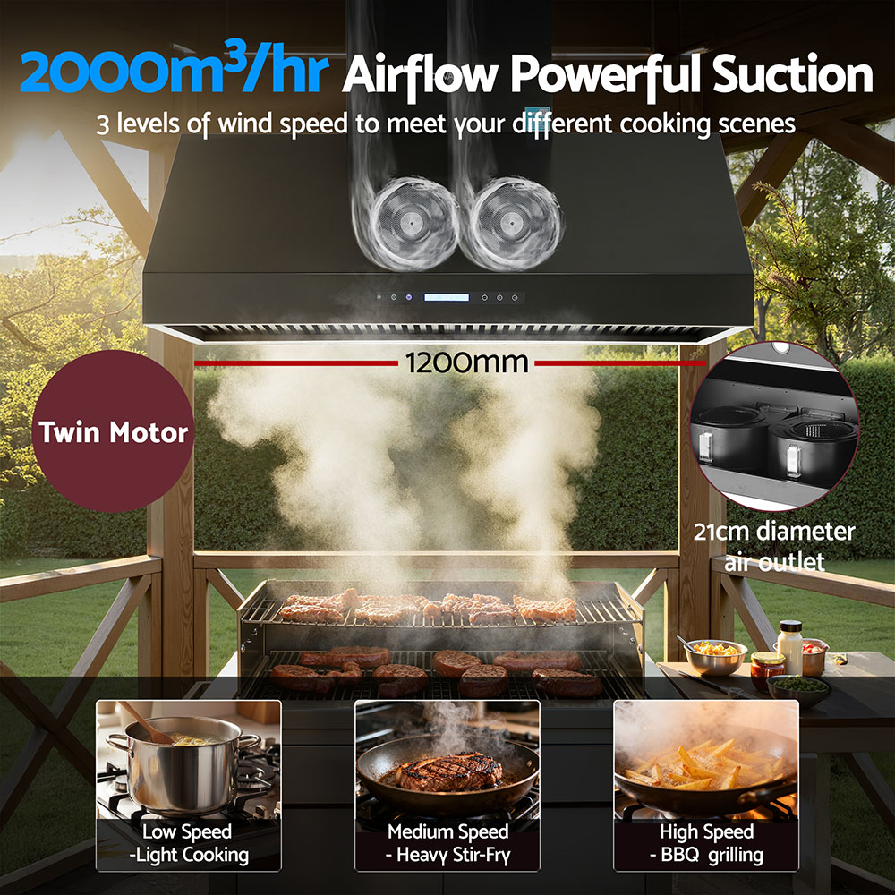 Devanti 1200mm Commercial BBQ Range Hood Dual Motor W/ Remote Control Black — image 5