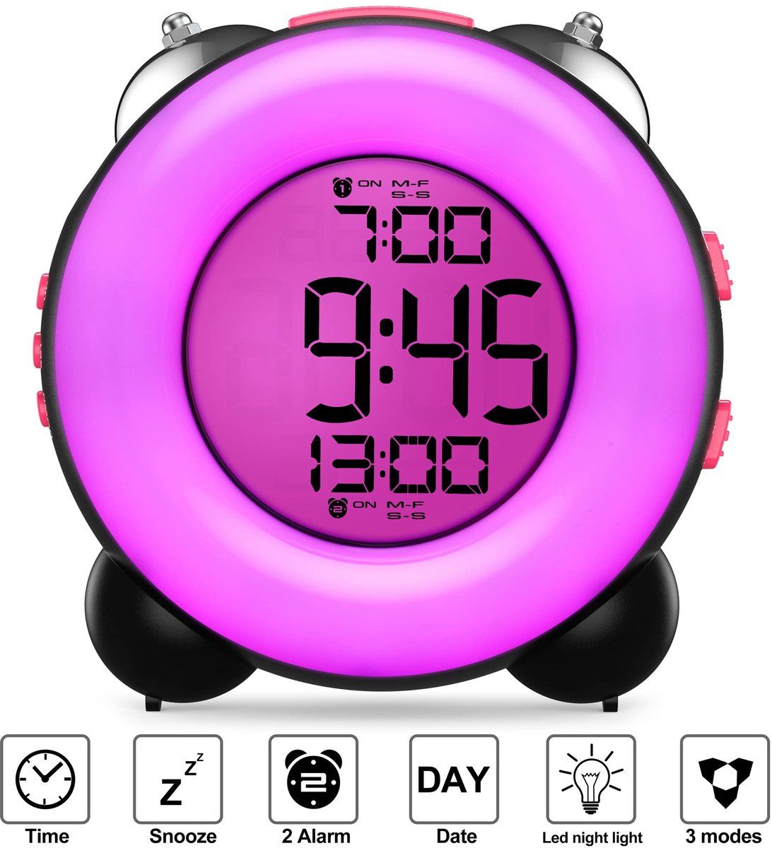 Pink and Black Digital Alarm Clock for Heavy Sleepers with Dual Alarms, Snooze and LED Night Light — image 2