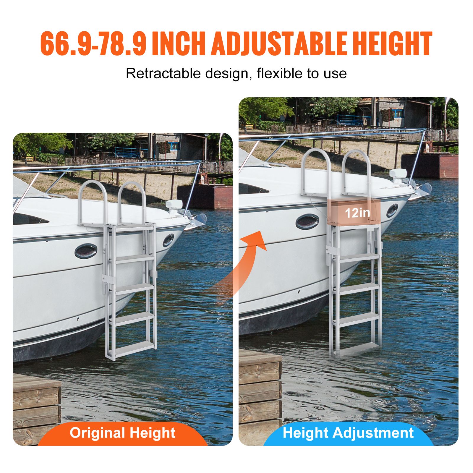 Dock Ladder, Retractable 5 Steps, 350 lbs Load Capacity, Aluminum Alloy Pontoon Boat Ladder with 66.9''-78.9'' Adjustable Height, 4'' Wide Step & Mat, for — image 3