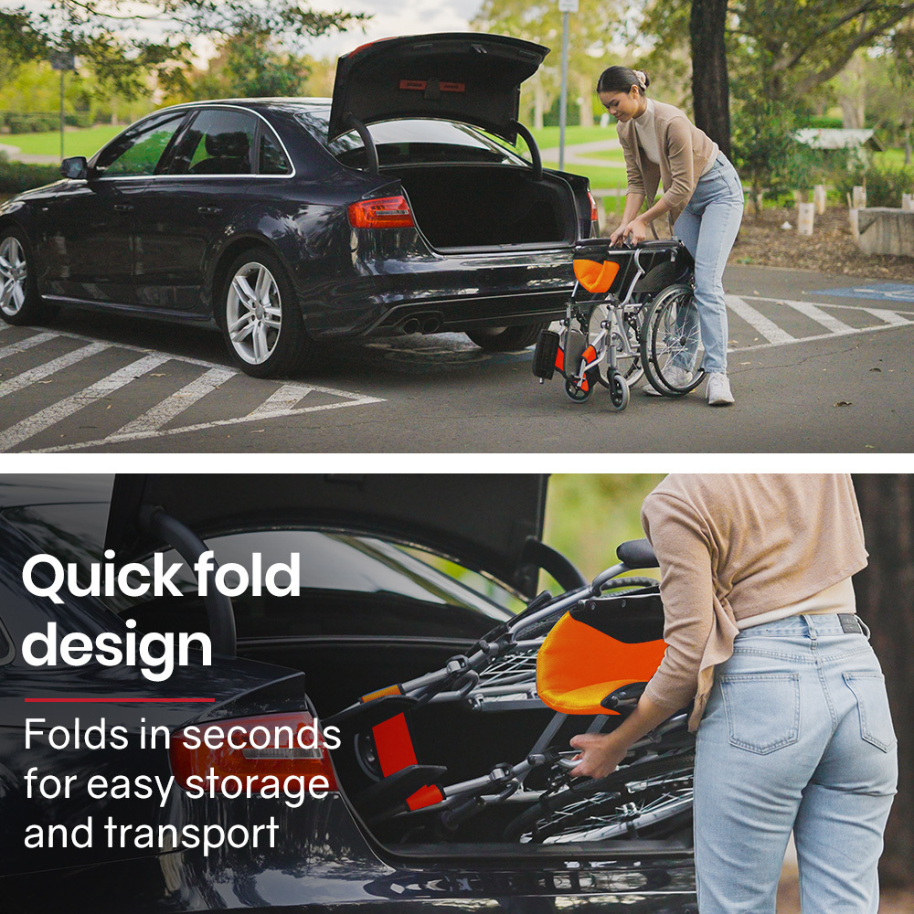EQUIPMED Folding Aluminium Wheelchair, 20" Wheels, Park Brakes, 100kg Capacity, Orange — image 3