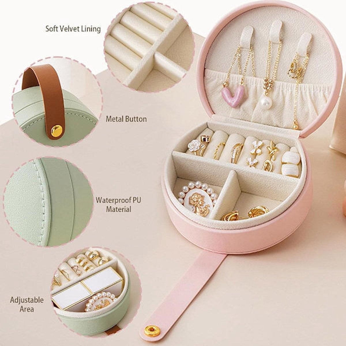 Small portable leather jewelry box - travel box - for necklaces, rings and earrings - green โ image 2