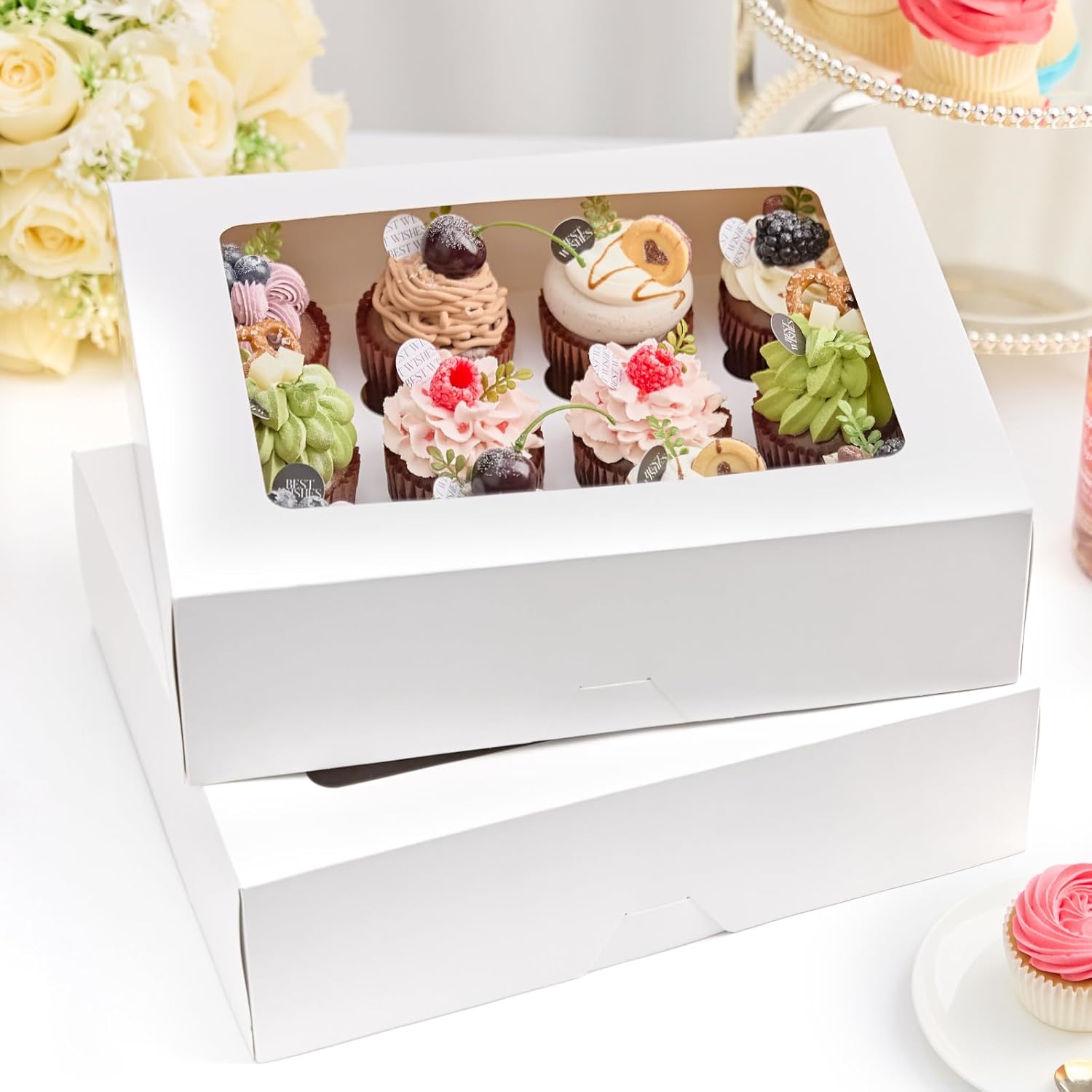 12 Count Cupcake Boxes, 12 Pack White Cupcake Containers with Windows and Inserts, Disposable Cupcake Carriers for Muffins, Treats, Pastries, 13 x 10 x 4 โ image 6