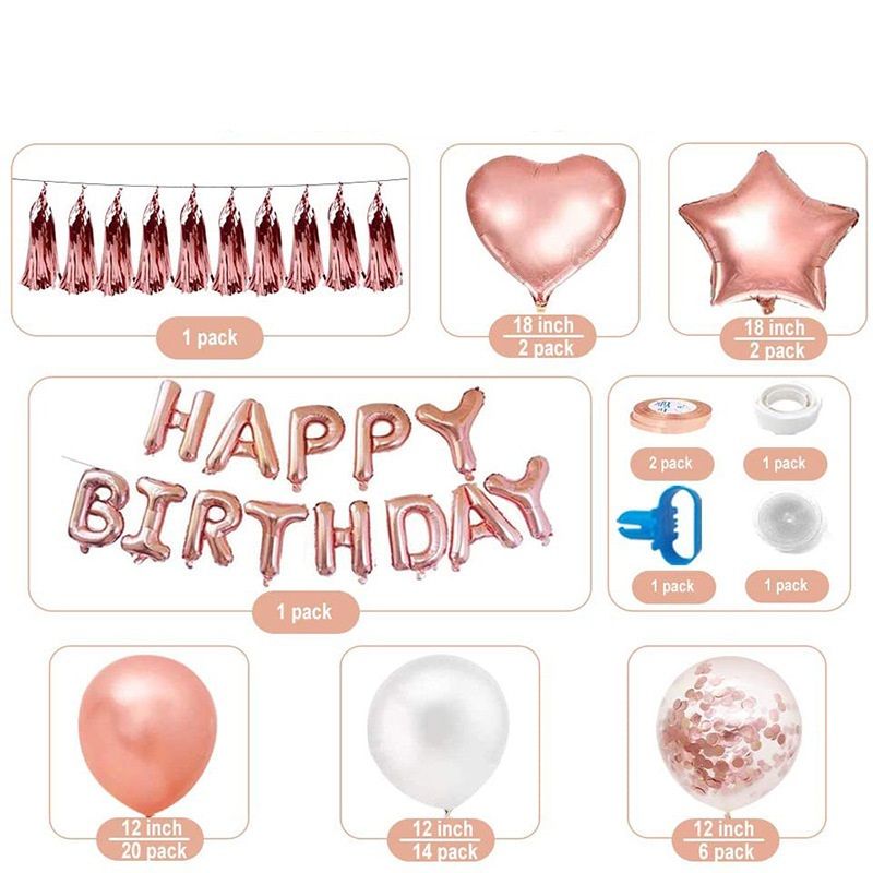 Rose Gold Happy Birthday Balloon Decoration Kit - Foil Letter Balloons, Confetti Latex Balloons, Tassel Garland, Heart & Star Shapes - Complete Party Backdrop — image 2