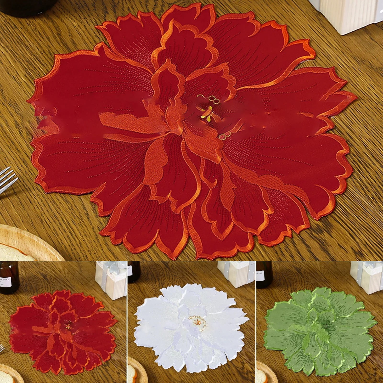 4 Pieces Flower Placemat, 3D Flower Placemats, Flower Shape Placemat, Heat-Resistant And Washable Placemat for Dining Table, Green — image 3