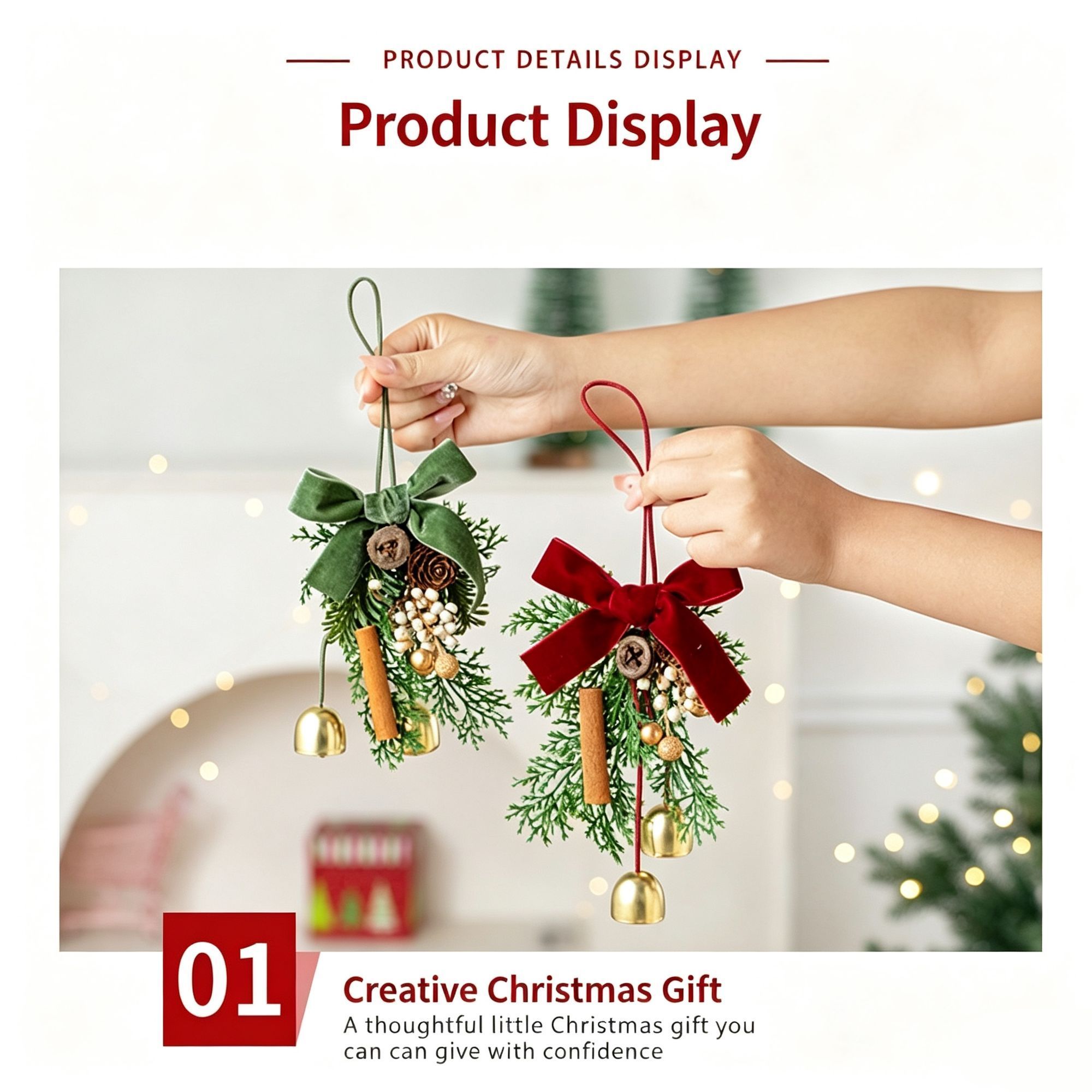 Christmas Pine Cone Double Green Bell Tree Pendant, Xmas Atmosphere Wall Hanging Decor for Christmas & New Year Gift Giving, Model D3 — image 3